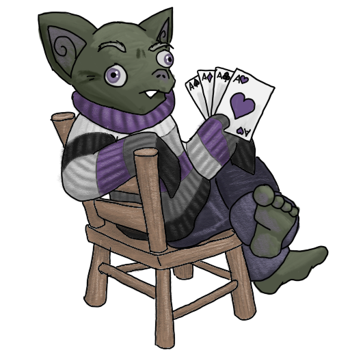An old goblin with an ace pride sweater and a loaded hand of cards.