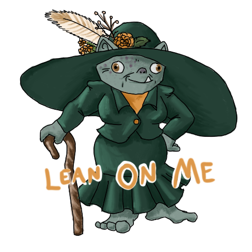 an old lady goblin with a cane and an incredible hat, and her catchphrase captioned on.