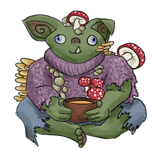 a smiling goblin, growing mushrooms and holding a bowl of soup.
