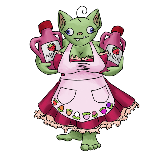 A goblin with two jugs of strawberry milk and a red dress.
