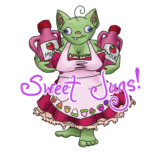 A goblin with two jugs of strawberry milk and a red dress, with her catchphrase captioned on.