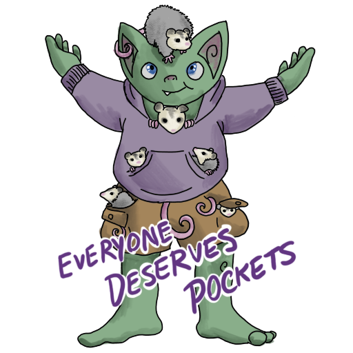 a goblin wearing a purple hoodie full of possums, with her catchphrase captioned on.