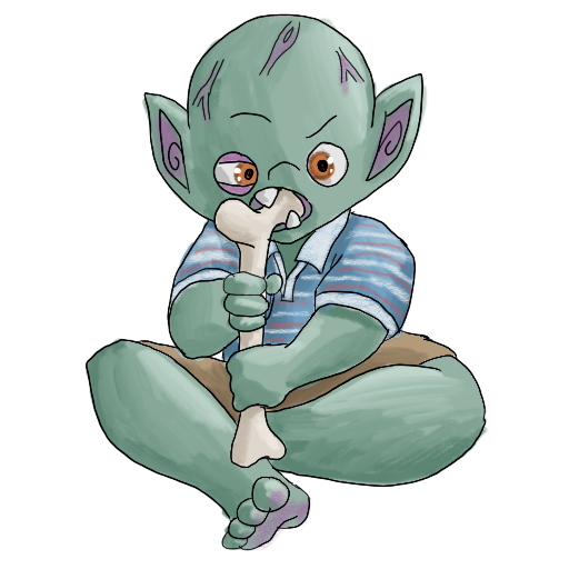 a goblin with a large head, chewing on a bone.
