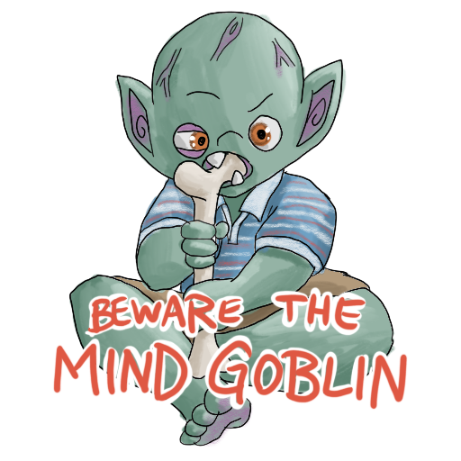 a goblin with a large head, chewing on a bone, with his catchphrase captioned on.