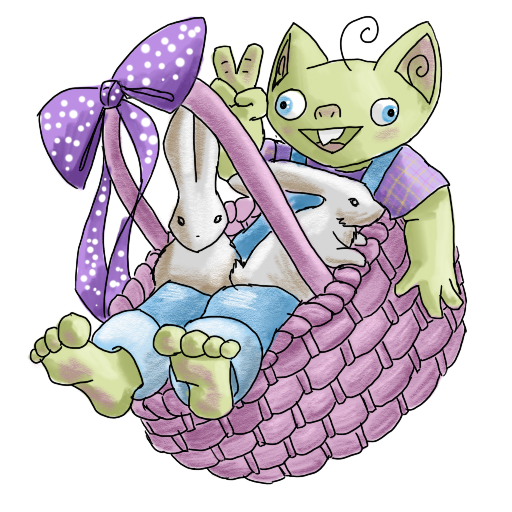 a goblin in a basket, with bunnies.