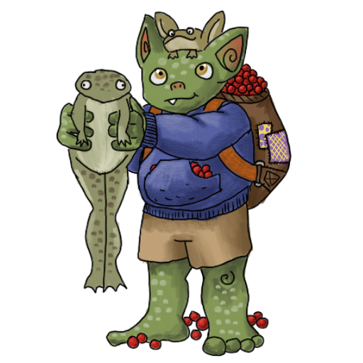a goblin, holding two frogs and a bag of red berries.