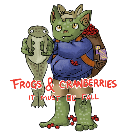 a goblin, holding two frogs and a bag of red berries, with her catchphrase captioned on.