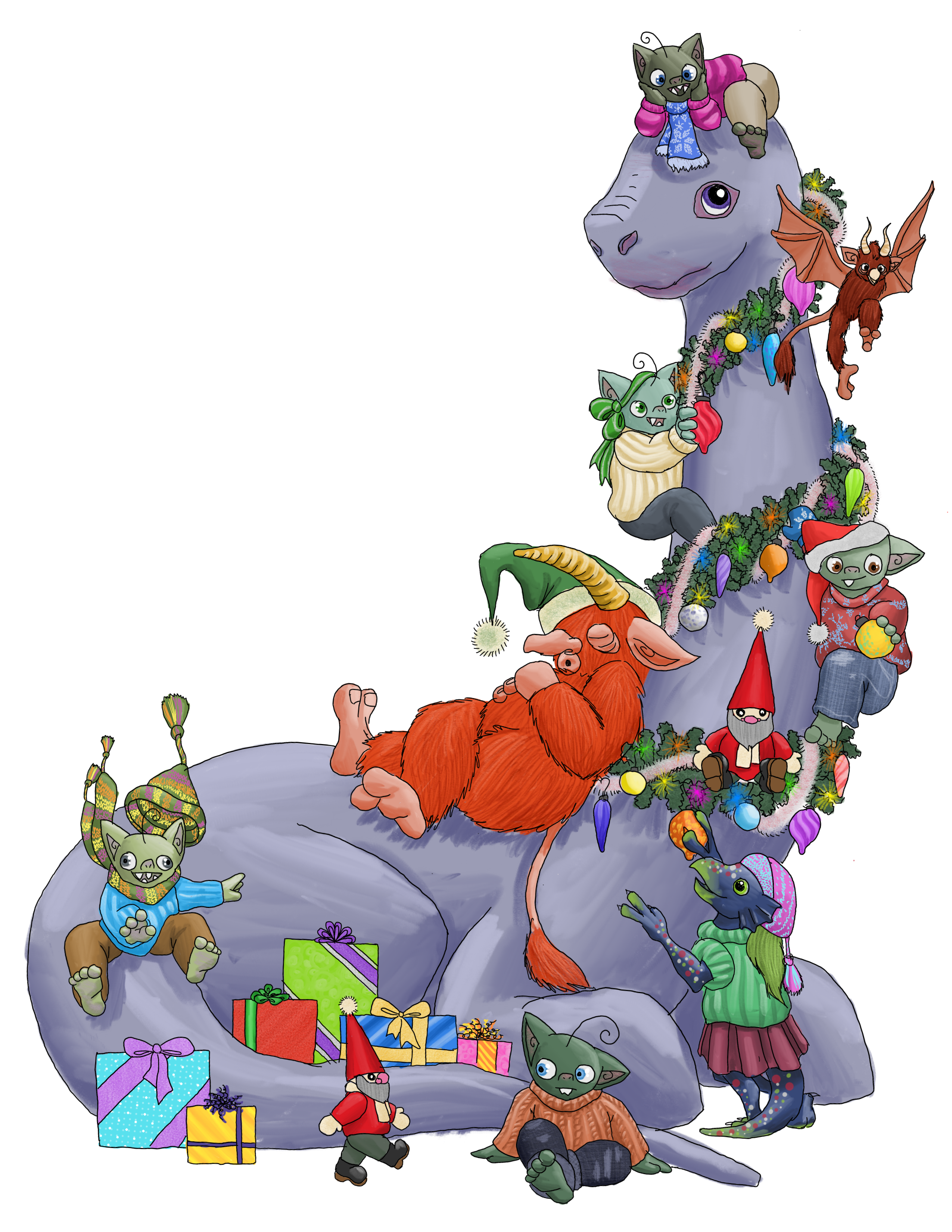 a long-necked dinosaur with Christmas garland wrapped around its neck, made of pine, with fairy lights and glass ornaments, and several wrapped gifts placed nicely around the tail.  There is a red troll with thick fur and a tufted tail sleeping on the back of the dinosaur, and a dark red flying troll.  A gnome is hiding in the garland, and another is walking by on the ground.  A lizard creature is hanging ornaments on the lower half of the garland.  Four goblins are present, wearing warm sweaters; one on the dino's head, one climing its neck, one sliding down its tail, and one keeping an eye on the marching gnome.