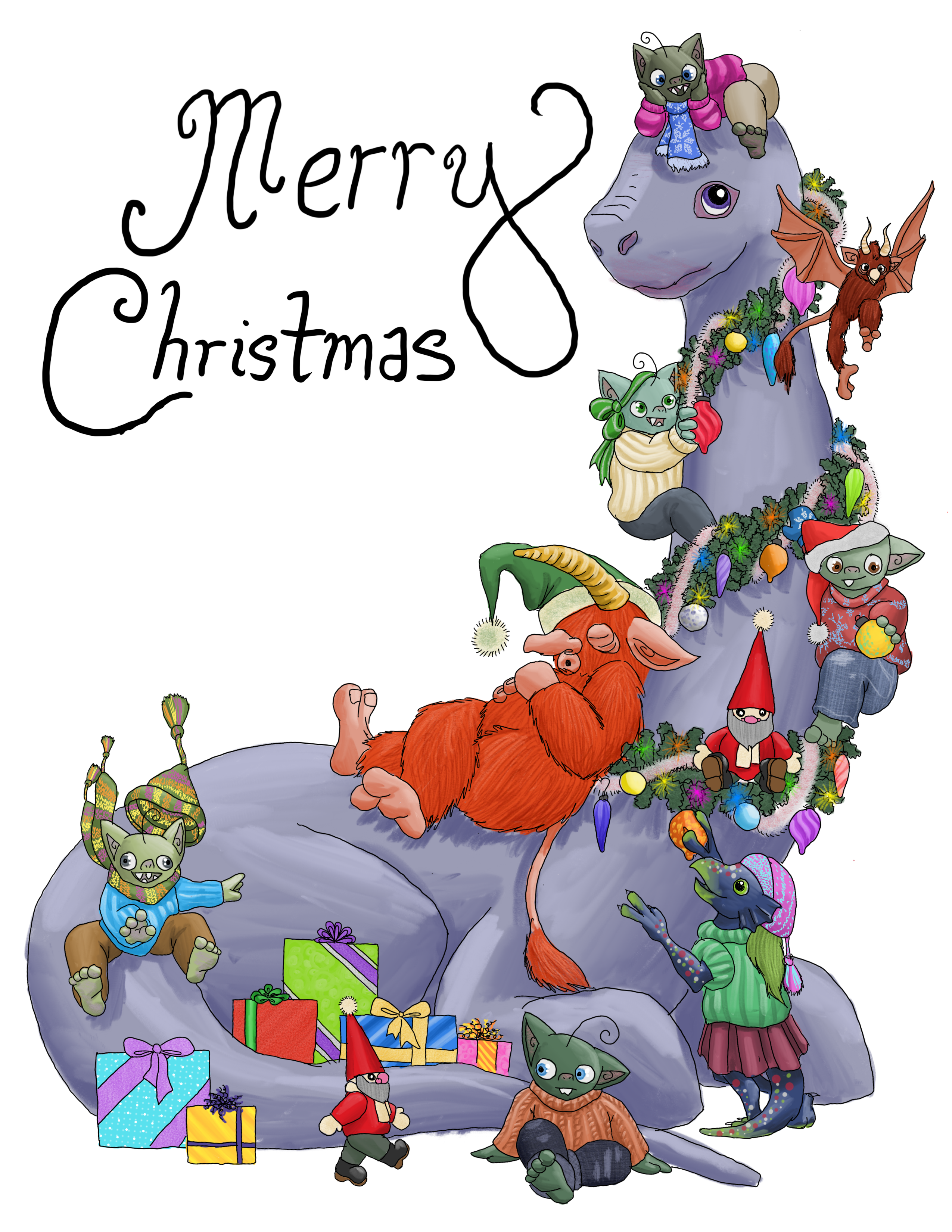 a long-necked dinosaur with Christmas garland wrapped around its neck, made of pine, with fairy lights and glass ornaments, and several wrapped gifts placed nicely around the tail.  There is a red troll with thick fur and a tufted tail sleeping on the back of the dinosaur, and a dark red flying troll.  A gnome is hiding in the garland, and another is walking by on the ground.  A lizard creature is hanging ornaments on the lower half of the garland.  Four goblins are present, wearing warm sweaters; one on the dino's head, one climing its neck, one sliding down its tail, and one keeping an eye on the marching gnome.  Captioned 'Merry Christmas'