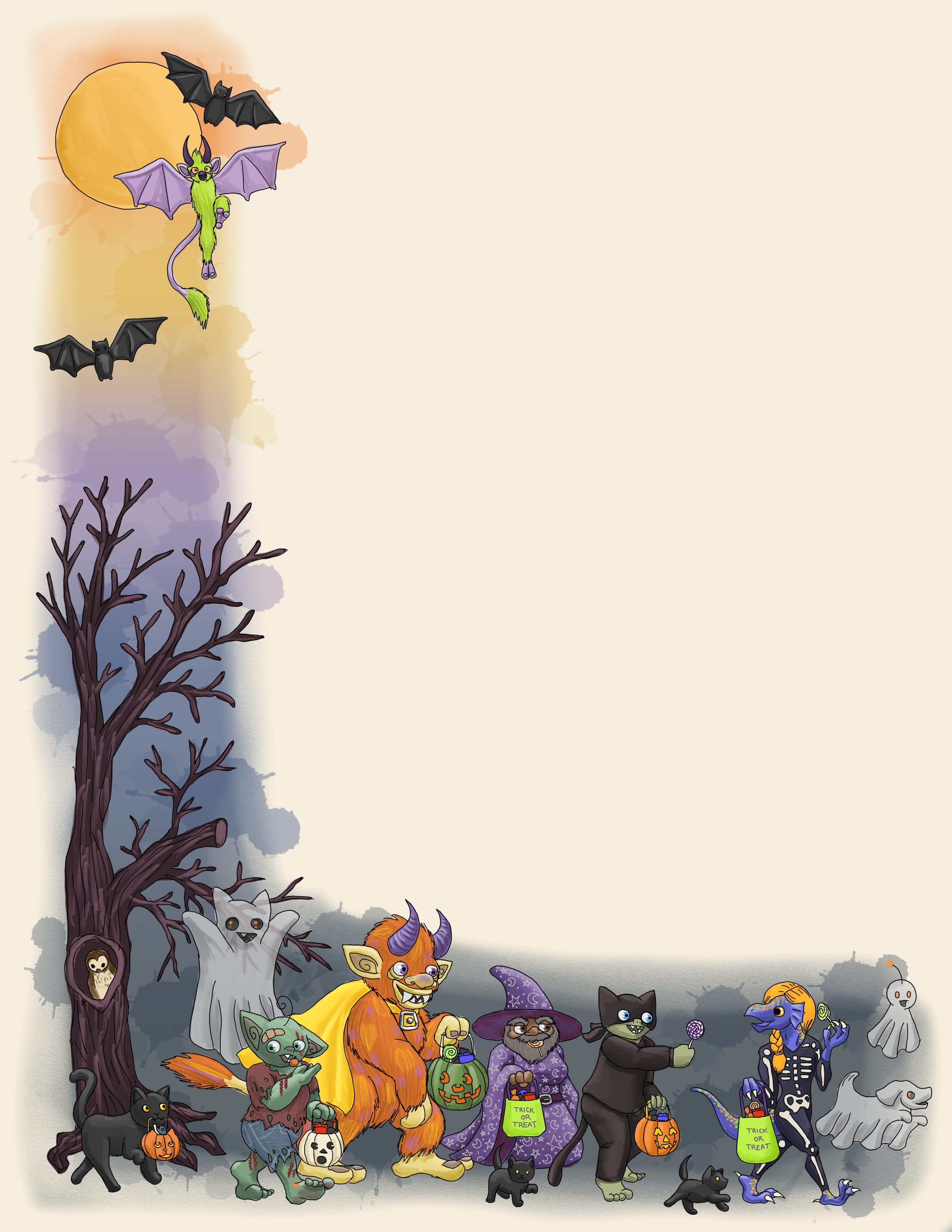 From left to right; a sunset gradient with a bare branched tree and an owl in the tree hollow.  A troll with green fur and a tufted tail flies with two bats in front of a full moon.  A black cat carries an orange pumpkin trick or treat basket with fish and bones in it.  A semi transparent goblin ghost, floating and smiling.  A goblin dressed as a zombie, tossing a piece of candy into their mouth and carrying a white pumpkin candy bag.  An orange troll with purple and yellow spots, wearing a cape and carrying a green pumpkin candy bag.  A gnome dressed as a wizard with big naturals, carrying a green trick or treat bag and sucking on a lollipop.  Two black kittens playing.  A goblin wearing a black cat costume, holding an orange pumpkin candy bag, and proffering a purple lollipop.  A kobold wearing a skeleton costume and carrying a green treat bag.  Two ghosts, one non-specific, and one puppy, with yellow eyes, partially transparent.