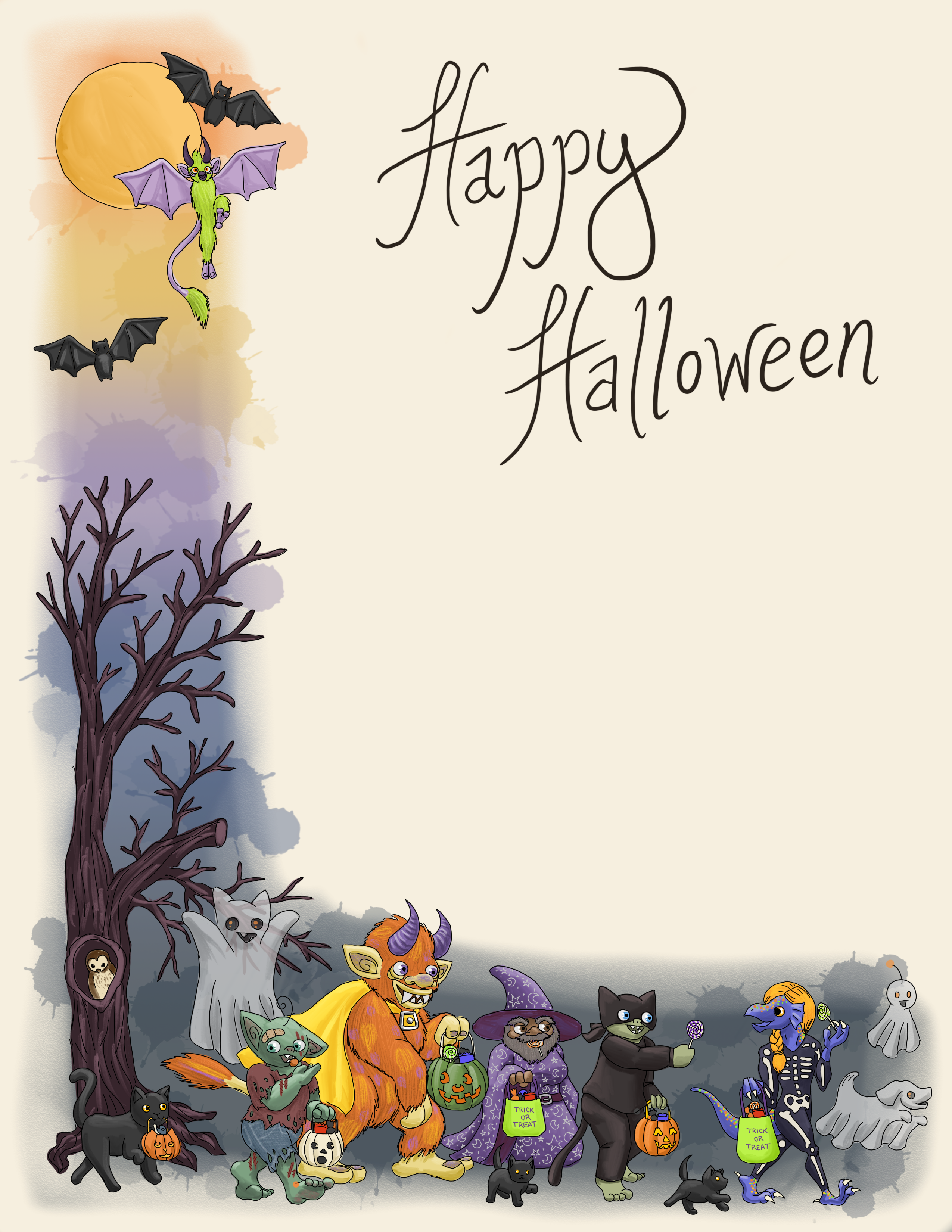 From left to right; a sunset gradient with a bare branched tree and an owl in the tree hollow.  A troll with green fur and a tufted tail flies with two bats in front of a full moon.  A black cat carries an orange pumpkin trick or treat basket with fish and bones in it.  A semi transparent goblin ghost, floating and smiling.  A goblin dressed as a zombie, tossing a piece of candy into their mouth and carrying a white pumpkin candy bag.  An orange troll with purple and yellow spots, wearing a cape and carrying a green pumpkin candy bag.  A gnome dressed as a wizard with big naturals, carrying a green trick or treat bag and sucking on a lollipop.  Two black kittens playing.  A goblin wearing a black cat costume, holding an orange pumpkin candy bag, and proffering a purple lollipop.  A kobold wearing a skeleton costume and carrying a green treat bag.  Two ghosts, one non-specific, and one puppy, with yellow eyes, partially transparent.