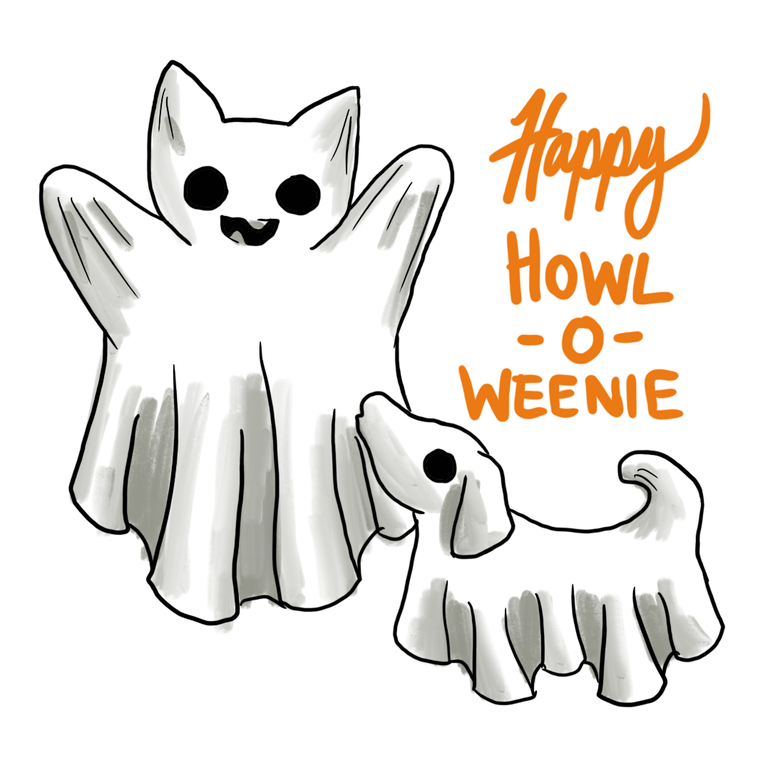 a goblin and a puppy, both floating and wearing sheets, as though they are ghosts.  Captioned 'Happy Howl o Weenie'