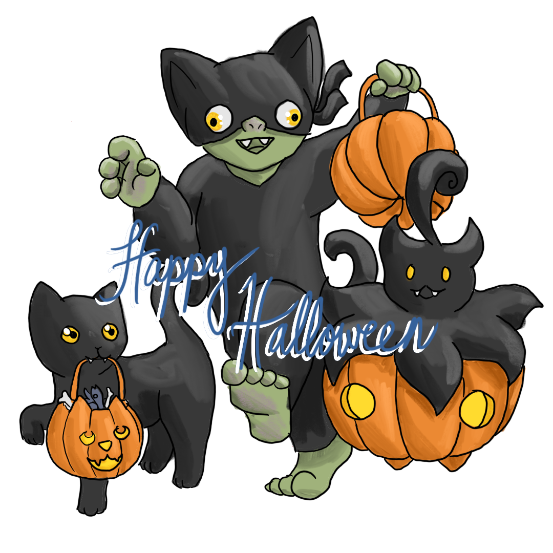 a goblin wearing a black cat costume and holding a pumpkin-shaped trick or treat bucket, accompanied by a Pumpkaboo pokemon (which resembles a pumpkin inhabited by a black ghost), and a black cat, also carrying a pumpkin-shaped trick or treat bucket, which contains fish and bones.  Captioned 'Happy Halloween'