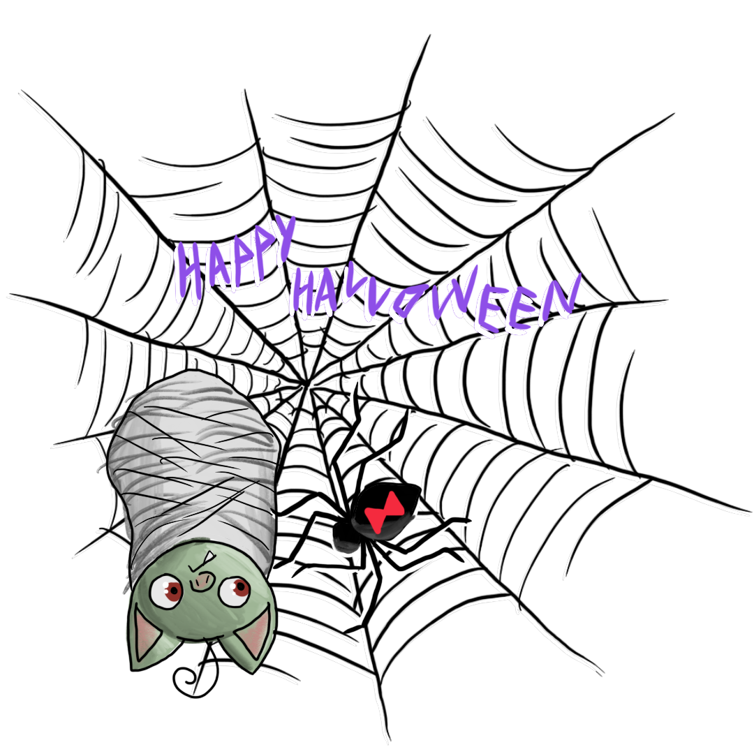 a goblin wrapped in a spider's web, being mutually watched by a very large black widow spider, captioned 'Happy Halloween'