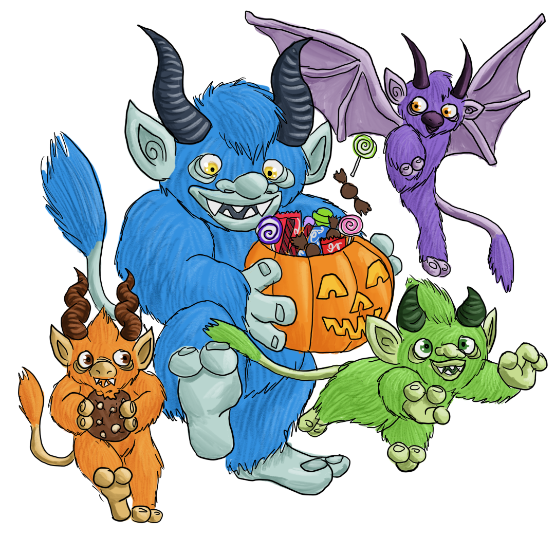 four trolls; a large blue one with a bucket of trick-or-treat candy, running forward and spilling candy, a green one running on all fours, a small orange one with a cookie, and one purple flying one with a beak.  The trolls are covered with shaggy fur and have sharp teeth, floppy ears, horns, and tufted tails.