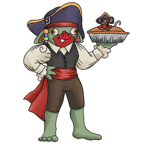 A pirate goblin, holding a pie with a rat in it.
