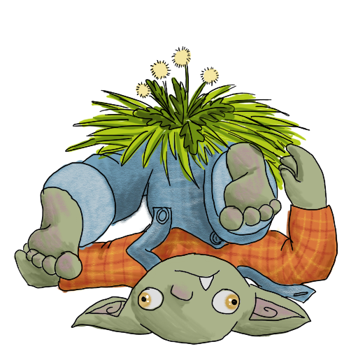 a goblin, upside-down, with grass and weeds on top.