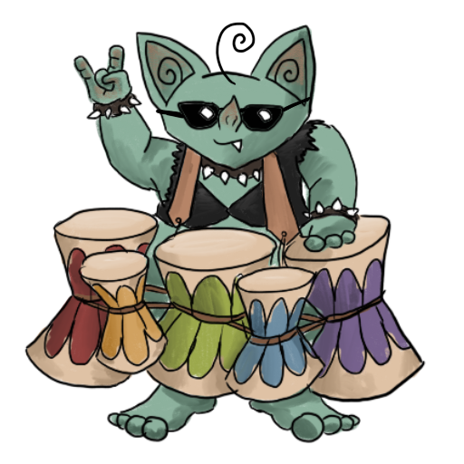 a goblin wearing cool shades and a rainbow of bongos.
