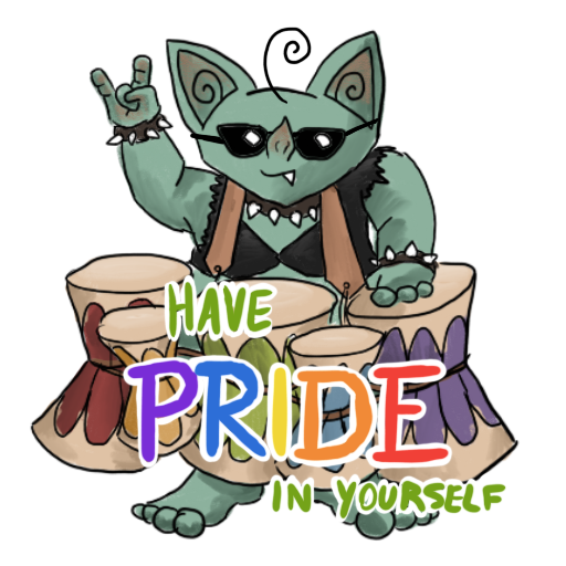 a goblin wearing cool shades and a rainbow of bongos, with his catchphrase captioned on.