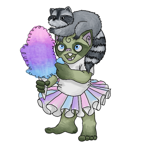a goblin and a raccoon sharing cotton candy.