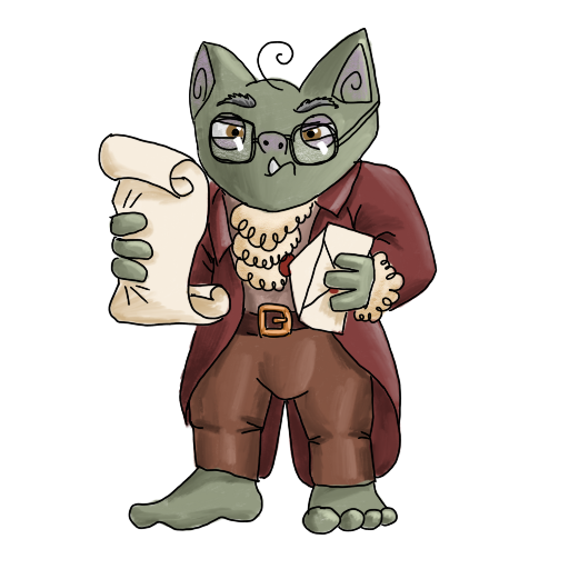 a goblin doing the squint-at-paper meme face, wearing old timey clothes and glasses.