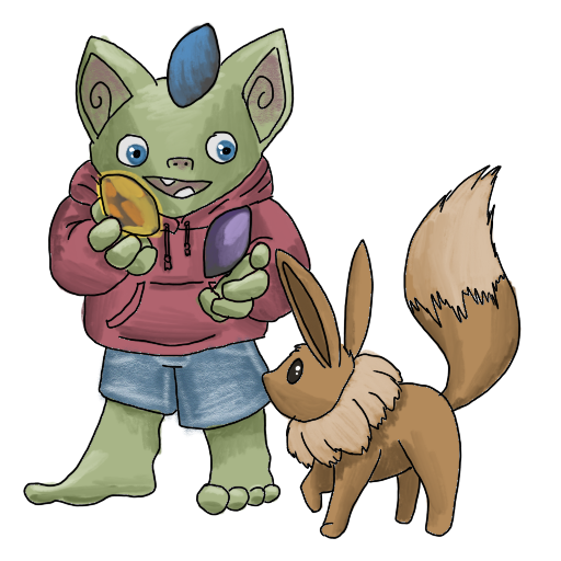 a goblin juggling stones, and an eevee watching.