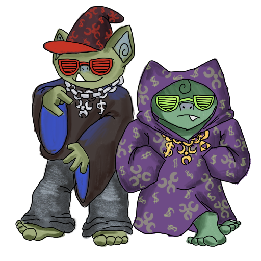 two goblins with wizard robes and rapper chains