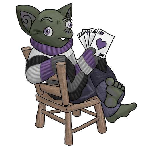 An old goblin with an ace pride sweater and a loaded hand of cards