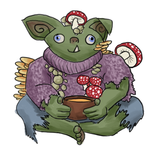 a smiling goblin, growing mushrooms and holding a bowl of soup