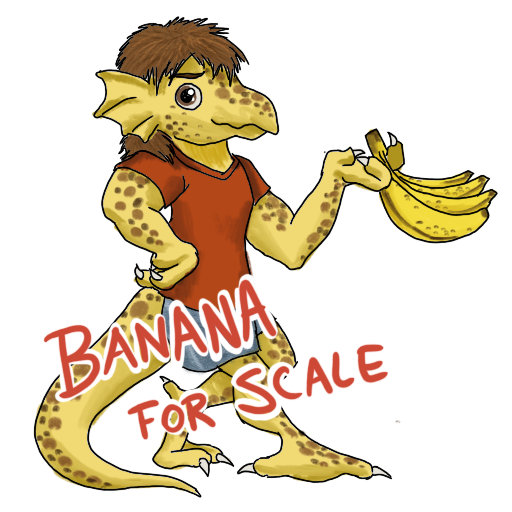 a yellow kobold with bananas and 'BANANA FOR SCALE' captioned on.