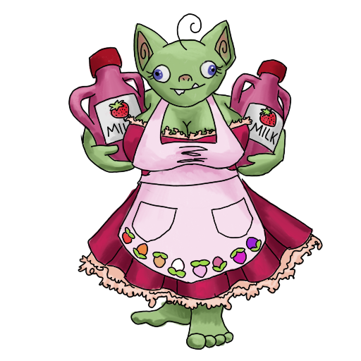 A goblin with two jugs of strawberry milk and a red dress