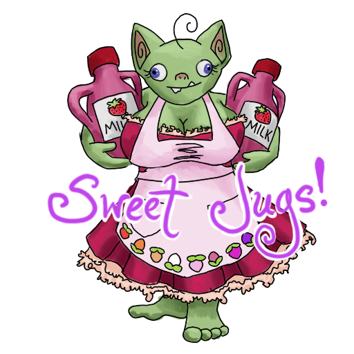 A goblin with two jugs of strawberry milk and a red dress, with 'Sweet Jugs!' captioned on.