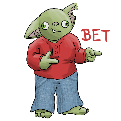 a goblin in a red shirt and jeans, giving finger guns, captioned 'Bet'