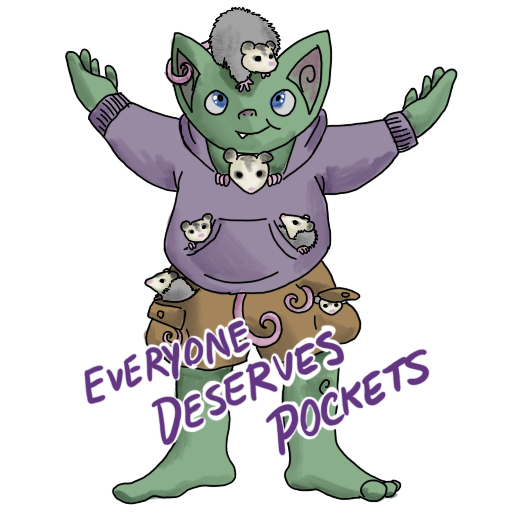 a goblin wearing a purple hoodie full of possums, with 'EVERYONE DESERVES POCKETS' captioned on.