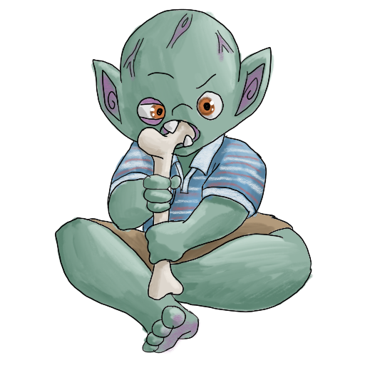 a goblin with a large head, chewing on a bone