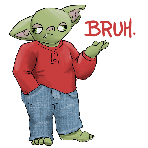 a goblin in a red shirt and jeans, captioned 'Bruh'