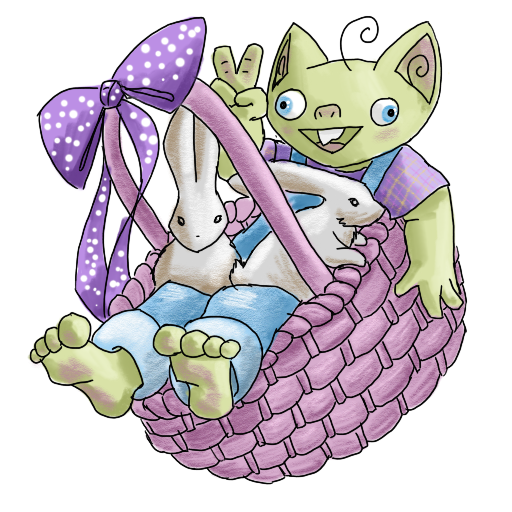 a goblin in a basket, with bunnies