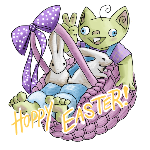 a goblin in a basket, with bunnies, and 'HAPPY EASTER!' captioned on.