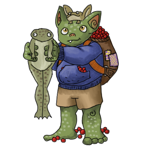 a goblin, holding two frogs and a bag of red berries