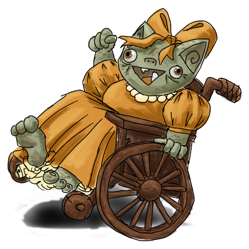 a goblin in a wheelchair, having an amazing time