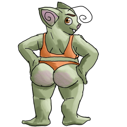 a posing, curvy goblin from behind