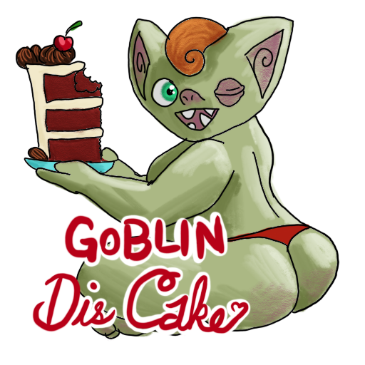 a curvy goblin, seated, with a slice of red velvet cake and the phrase 'Goblin Dis Cake!' captioned on