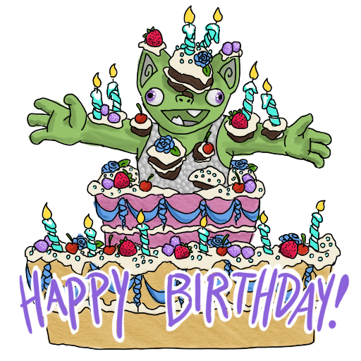 a goblin popping out of a cake, with 'HAPPY BIRTHDAY!' captioned on.