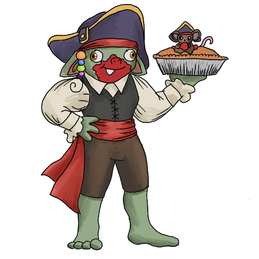 A pirate goblin, holding a pie with a rat in it