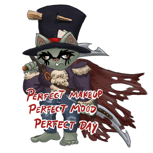 a grim goblin wearing a shredded outfit and incredible eyeliner, with 'PERFECT MAKEUP, PERFECT MOOD, PERFECT DAY' captioned on.