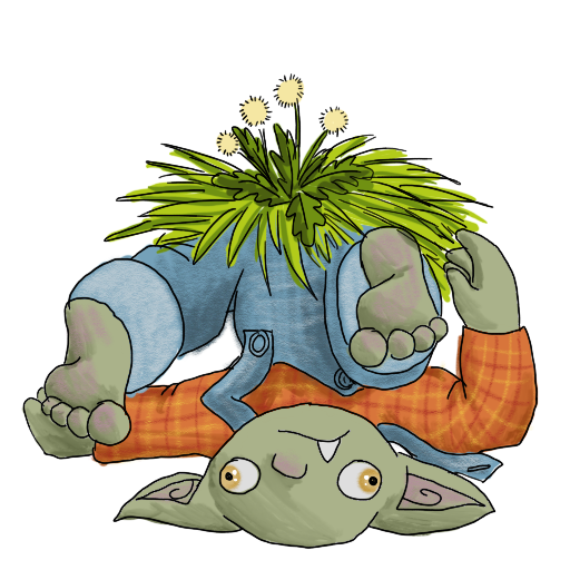 a goblin, upside-down, with grass and weeds on top