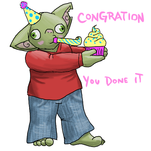 a goblin in a red shirt, jeans, and a party hat, holding out a cupcake and tooting a party horn, captioned 'Congration, you done it'