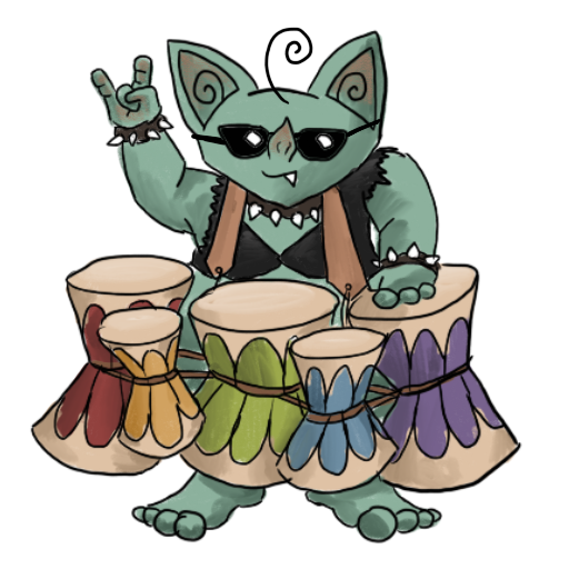 a goblin wearing cool shades and a rainbow of bongos