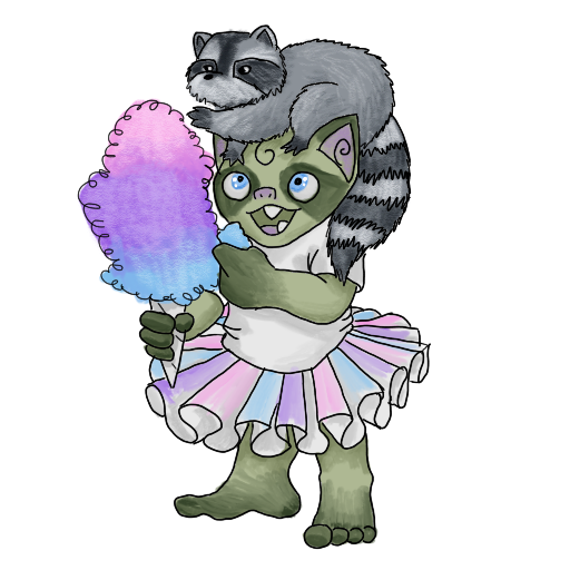 a goblin and a raccoon sharing cotton candy