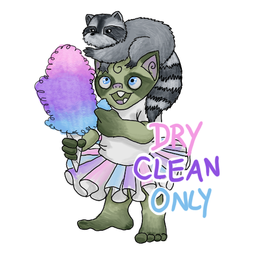 a goblin and a raccoon sharing cotton candy, with 'DRY CLEAN ONLY' captioned on.